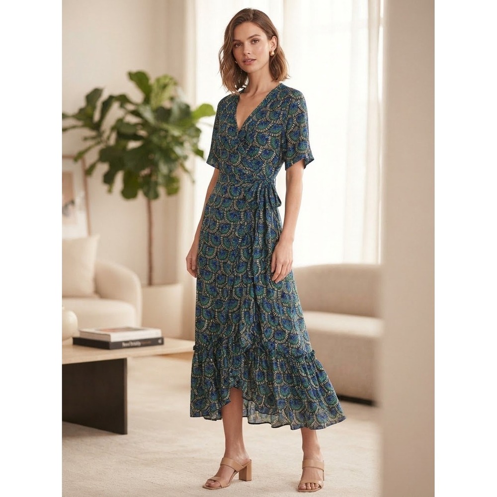 Silk & Salt Women Blue Green Geometric Fan Print Ruffle Wrap Midi Dress Small